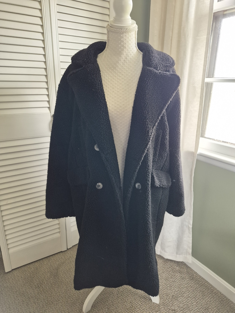Stoosh Black Teddy Coat with Hooded Collar
